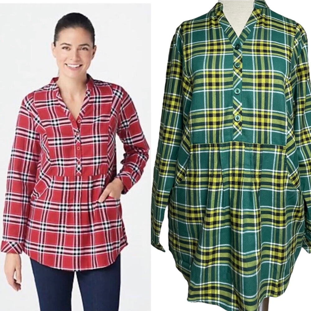 Joan Rivers NWT Womens LS w/ Roll Tab Popover Plaid Shirt w/ Pockets Green Sz 8